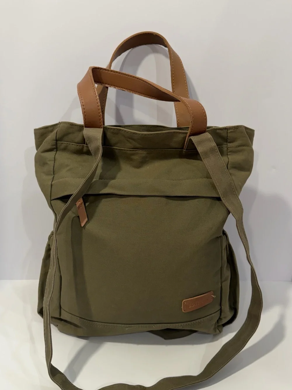 DoTERRA Olive Canvas Tote Bag with Brown Leather Handles
